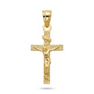 A yellow gold crucifix pendant featuring a detailed figure of Jesus Christ on a textured cross, suspended from a polished bail, shown against a plain white background.