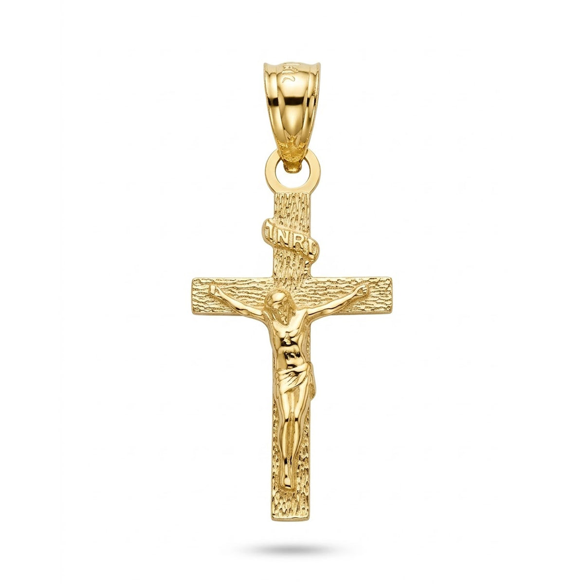 A yellow gold crucifix pendant featuring a detailed figure of Jesus Christ on a textured cross, suspended from a polished bail, shown against a plain white background.