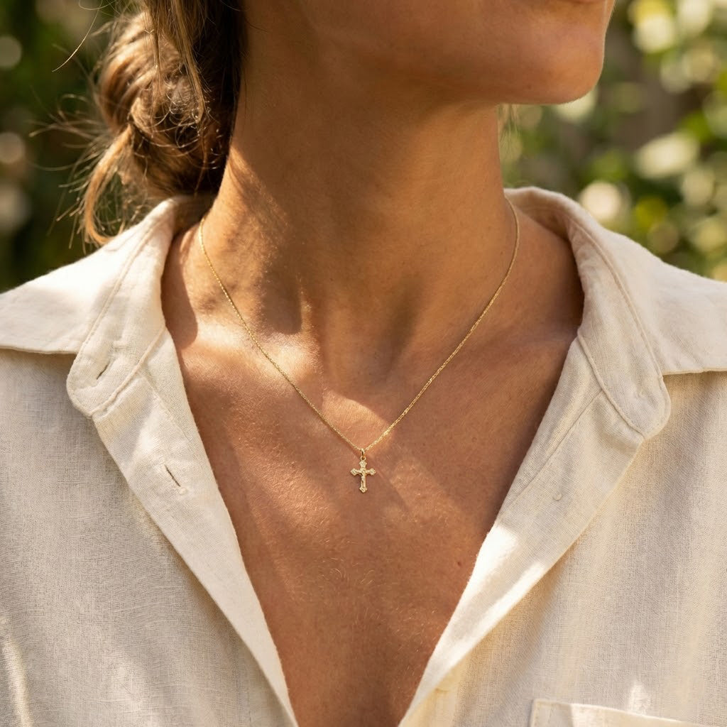 Close-up of a person wearing a gold necklace with a cross pendant, outdoors.