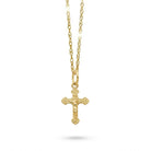Gold crucifix cross necklace on a white background