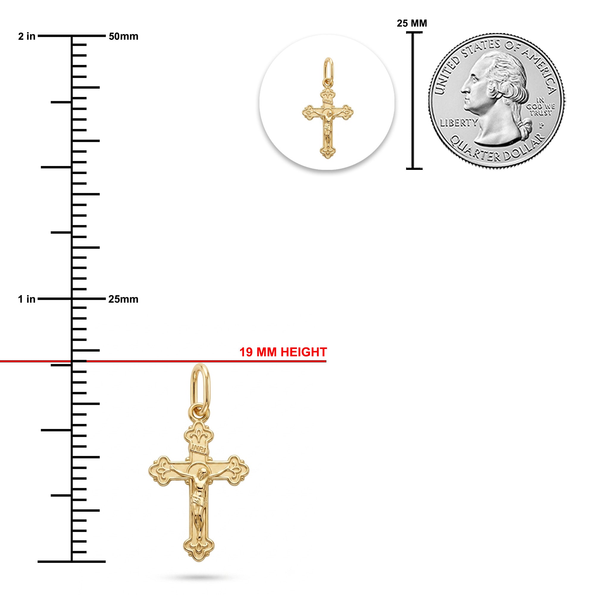 Gold cross pendant shown on a white background with measurement guides, including a 19 mm height callout, a 25 mm scale marker, and a small US quarter coin for size reference.