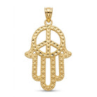 A gold Hamsa hand pendant featuring a peace sign design, detailed with textured beaded borders and a polished finish, shown on a plain white background.