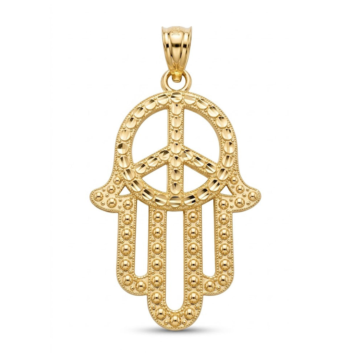 A gold Hamsa hand pendant featuring a peace sign design, detailed with textured beaded borders and a polished finish, shown on a plain white background.