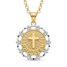 [group: gold-plated] A two-tone gold and silver pendant necklace featuring a round Baptism medallion with a cross and sunburst design, suspended from a gold chain on a white background.