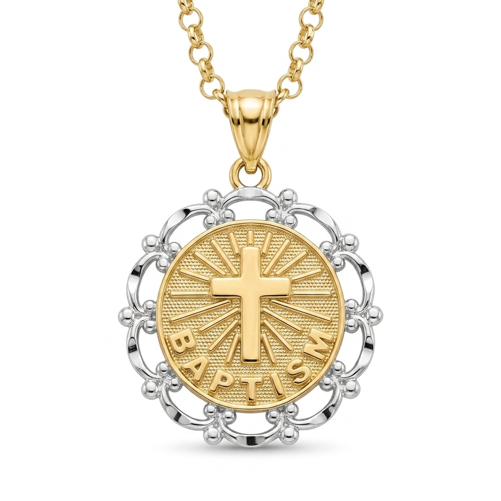 [group: gold-plated] A two-tone gold and silver pendant necklace featuring a round Baptism medallion with a cross and sunburst design, suspended from a gold chain on a white background.
