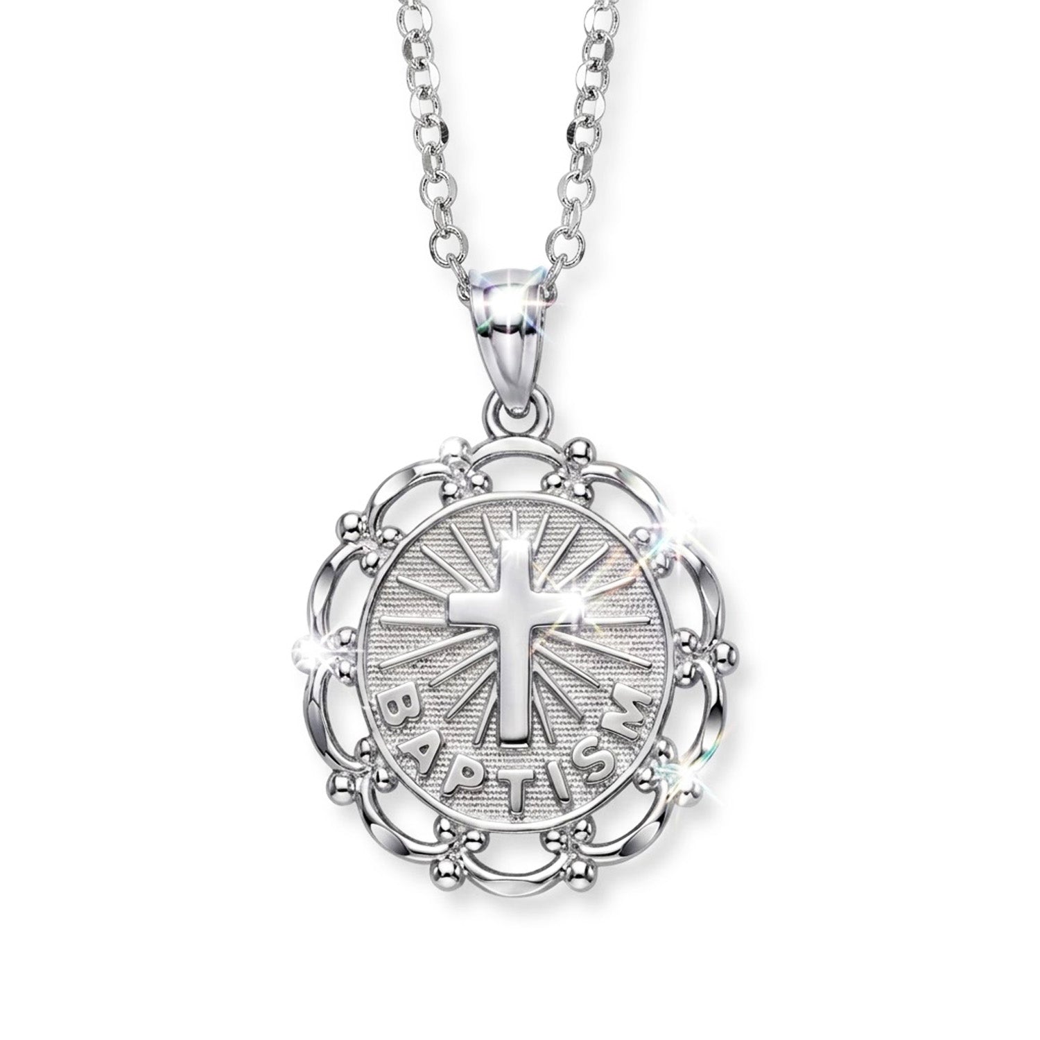 [group:silver] Sterling silver baptism cross pendant on silver necklace 