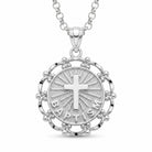 [group:silver] A sterling silver Baptism pendant necklace on a matching chain, featuring a detailed circular medallion with a central cross, radiating lines, and the word 'Baptism' engraved along the bottom edge.