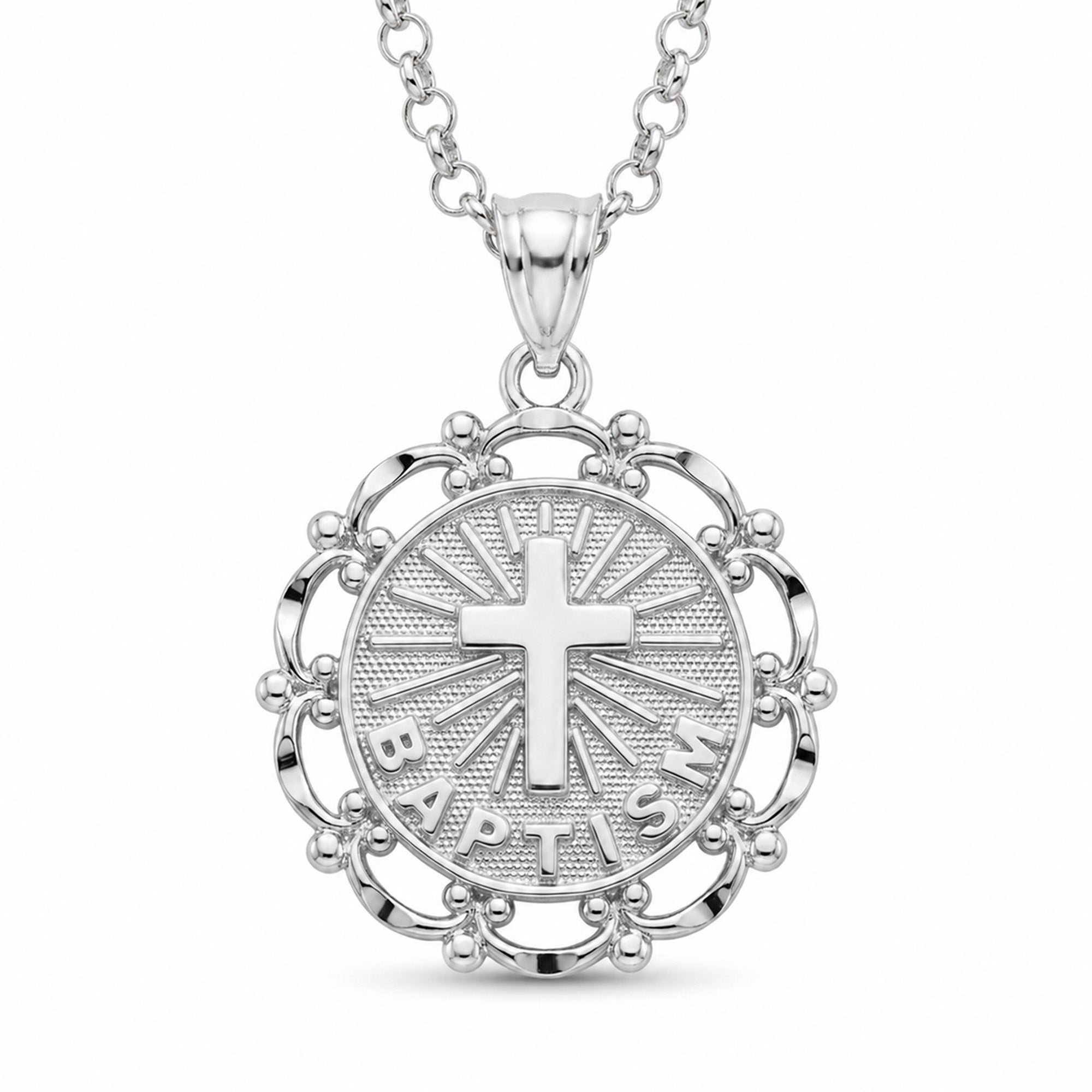 [group:silver] A sterling silver Baptism pendant necklace on a matching chain, featuring a detailed circular medallion with a central cross, radiating lines, and the word 'Baptism' engraved along the bottom edge.