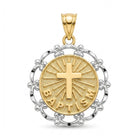 [group: 10k-gold] A two-tone gold and silver pendant necklace featuring a circular baptism medallion with a cross and the word 'BAPTISM' on a white background.