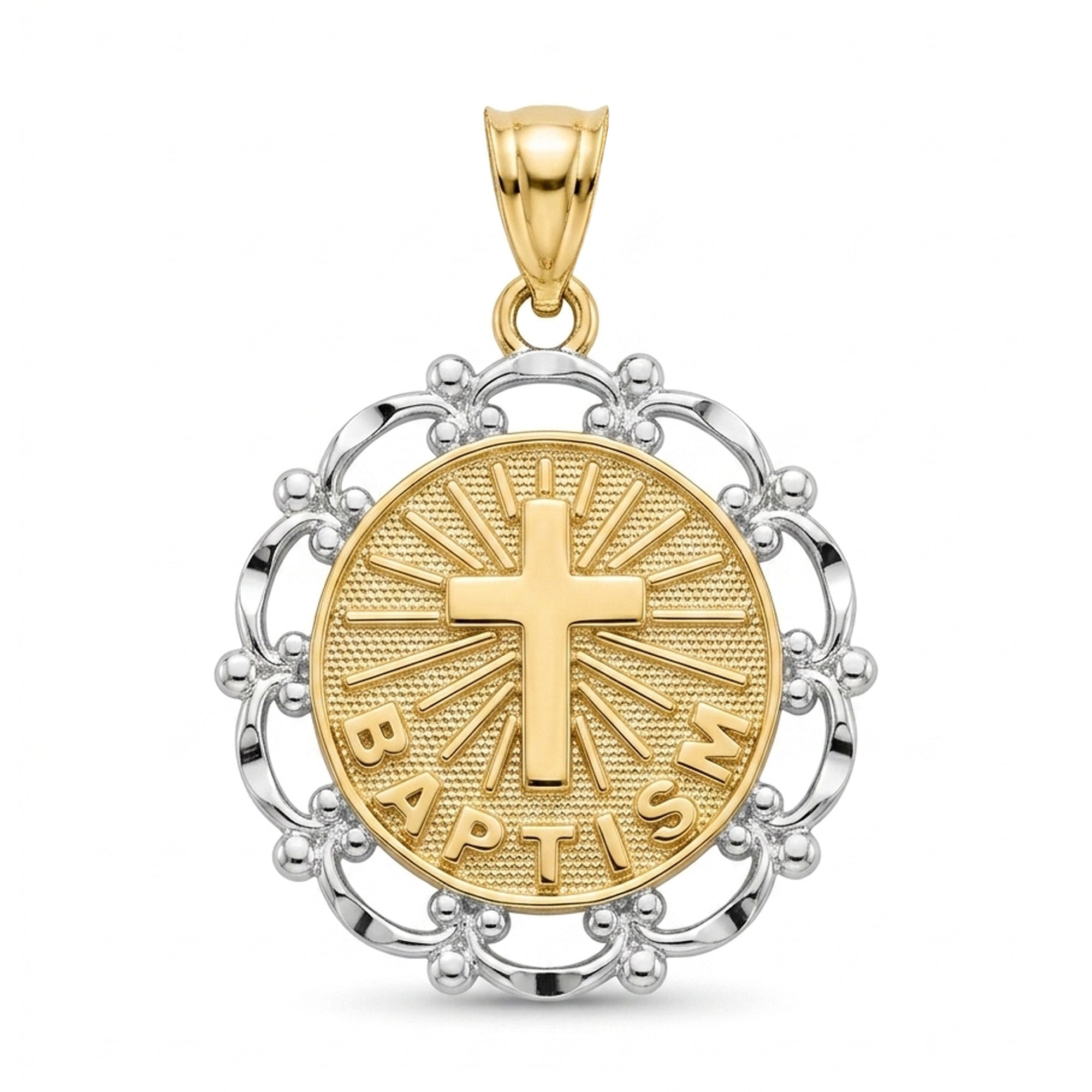 [group: 10k-gold] A two-tone gold and silver pendant necklace featuring a circular baptism medallion with a cross and the word 'BAPTISM' on a white background.