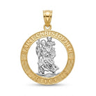 A Saint Christopher medallion pendant in two-tone yellow and silver gold, featuring a textured gold outer ring with the words 'SAINT CHRISTOPHER PROTECT US' and a detailed silver-toned figure in the center, shown on a white background.