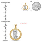 Saint Christopher pendant shown with a 22 mm height measurement, a ruler scale on the left, a 25 mm size reference, and a coin comparison on a white background.