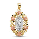 [group: large]A two-tone gold and rose gold pendant featuring a central silver-toned Miraculous Medal surrounded by a border of gold leaves and rose-shaped rose accents.
