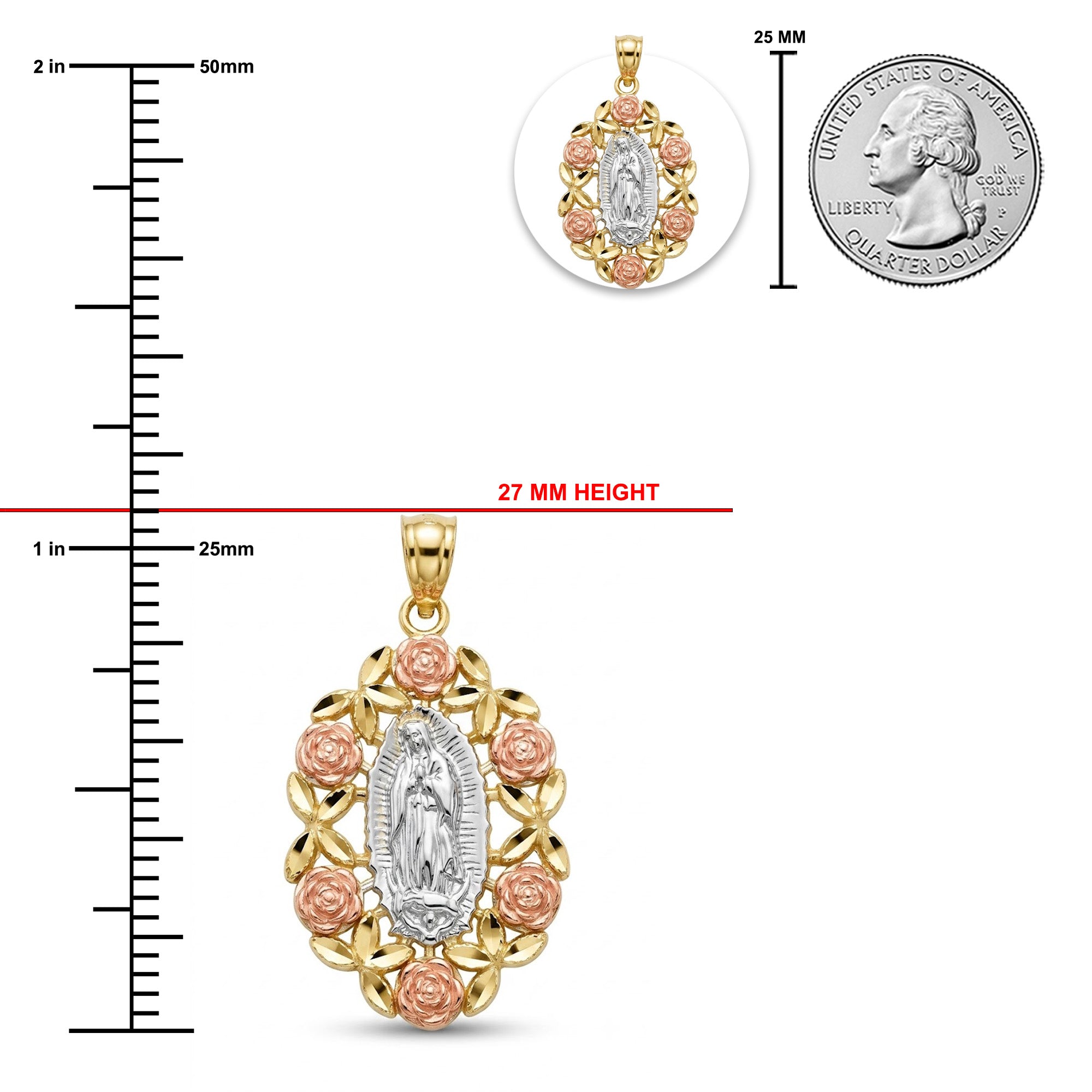 [group: small]A religious pendant featuring a silver-toned Miraculous Medal surrounded by rose gold roses in a yellow gold frame, shown with measurement scales, a 27 mm height indicator, and a 25 mm US quarter coin for scale on a white background.