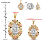 Gold and rose gold Miraculous Medal pendant with size measurements in millimeters and inches, shown alongside a US quarter for scale on a white background.