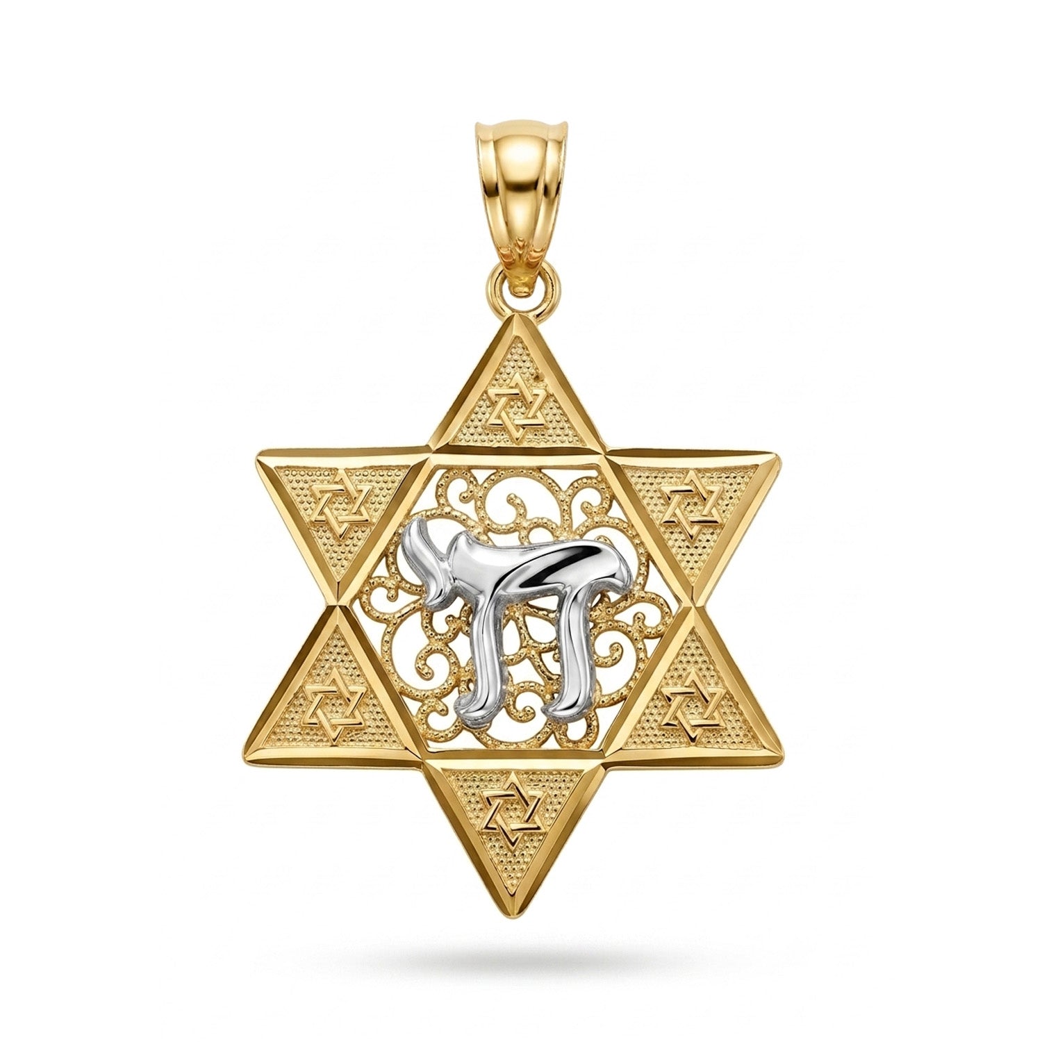 A gold Star of David pendant featuring a silver-colored Chai symbol in the center, set against a clean white background.