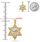 Gold and silver Star of David pendant with Hebrew lettering, shown with a 28 mm height measurement, a 25 mm coin scale reference, and a circular inset detail view on a white background.
