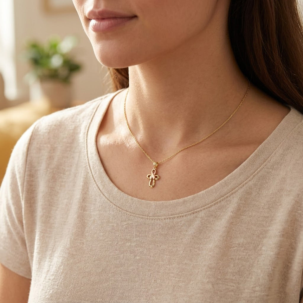 Gold awareness ribbon pendant  worn by female model 