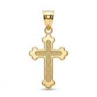 [group: small] A polished yellow gold cross pendant with a textured center and a smooth bail, shown on a clean white background.