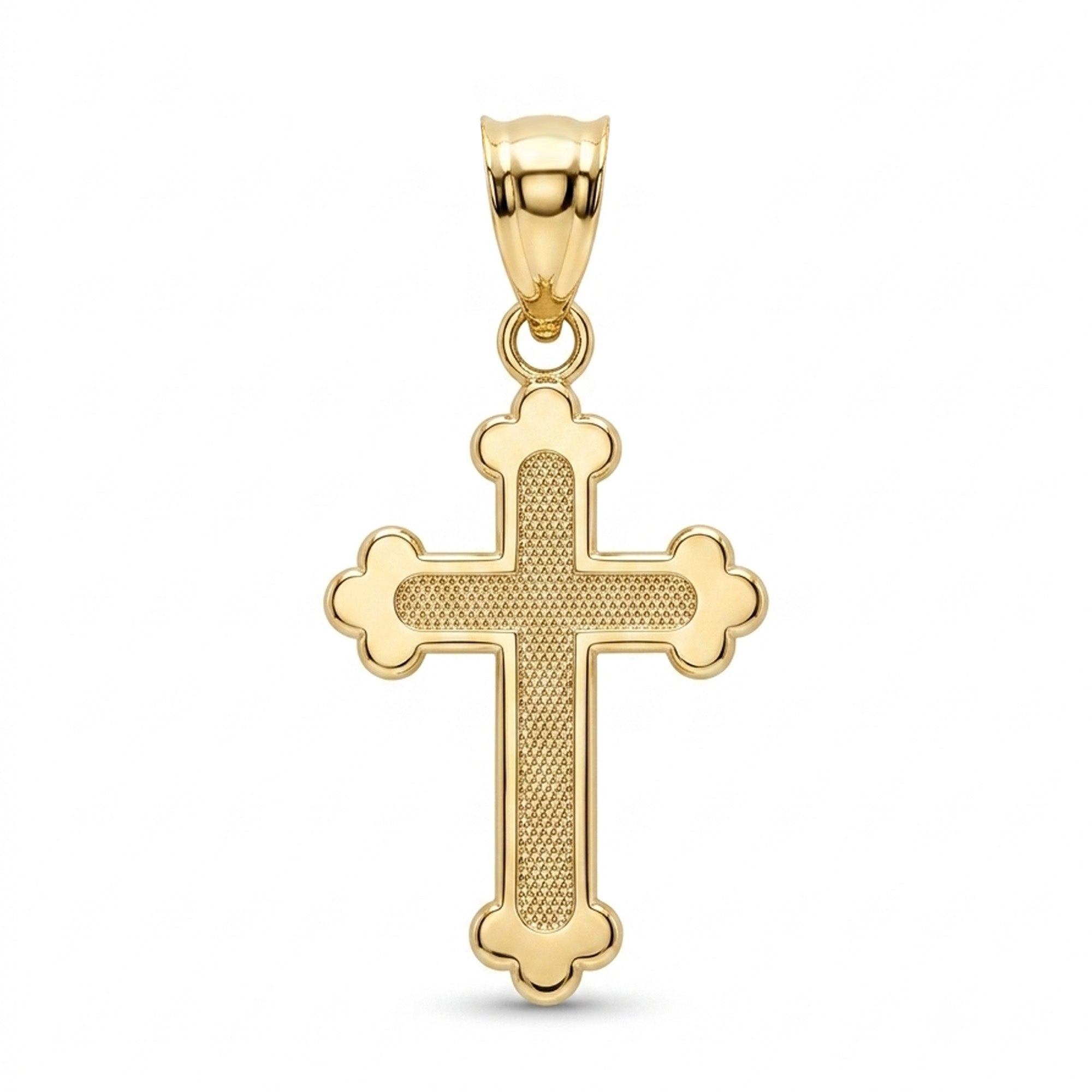 [group: small] A polished yellow gold cross pendant with a textured center and a smooth bail, shown on a clean white background.