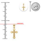 [group: small]Gold cross pendant shown with measurement markings, a 20 mm height red line, a small inset of the pendant on a white circle, and a 25 mm US quarter coin for scale on a white background.