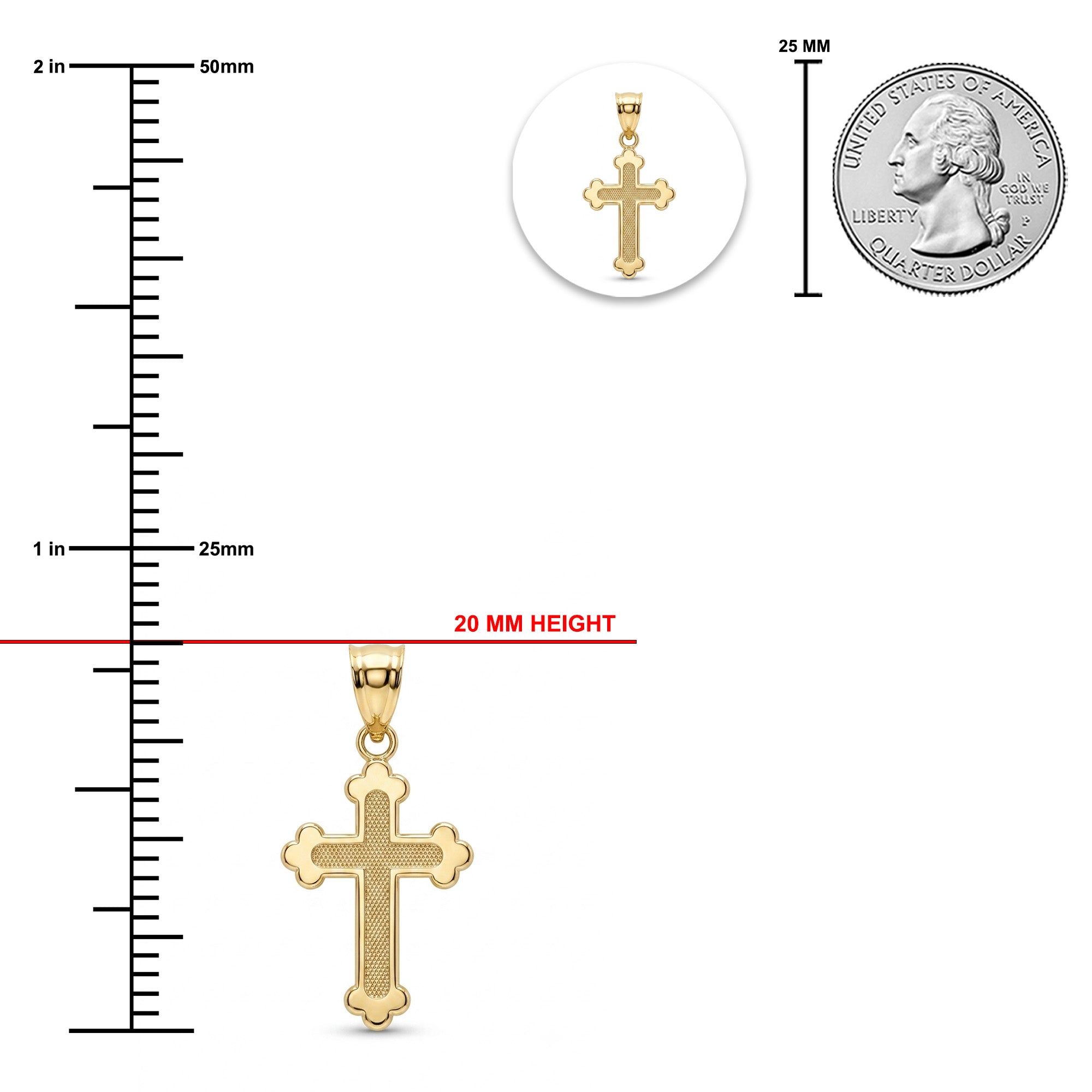 [group: small]Gold cross pendant shown with measurement markings, a 20 mm height red line, a small inset of the pendant on a white circle, and a 25 mm US quarter coin for scale on a white background.