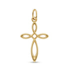 A polished yellow gold cross pendant with an openwork design and a top loop, shown on a clean white background.
