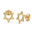 A pair of gold Star of David stud earrings shown on a clean white background, with one earring facing forward and the other angled to show the post and backing.