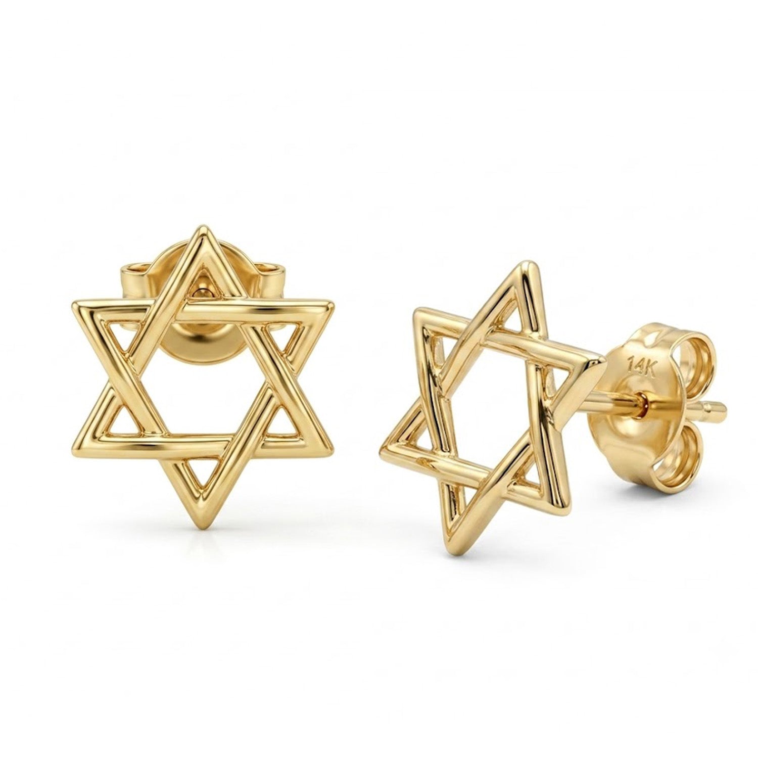 A pair of gold Star of David stud earrings shown on a clean white background, with one earring facing forward and the other angled to show the post and backing.