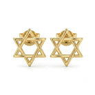 A pair of gold Star of David stud earrings with openwork geometric detailing and post backs, shown on a clean white background.