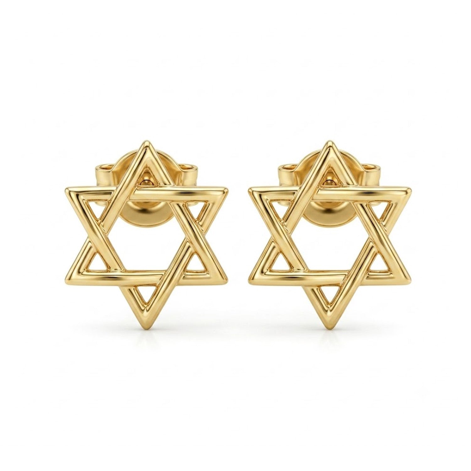 A pair of gold Star of David stud earrings with openwork geometric detailing and post backs, shown on a clean white background.