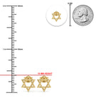 Gold Star of David stud earrings shown on a white background with measurement guides: a vertical ruler in millimeters, a coin inset for scale, and a red line indicating 10 mm height.