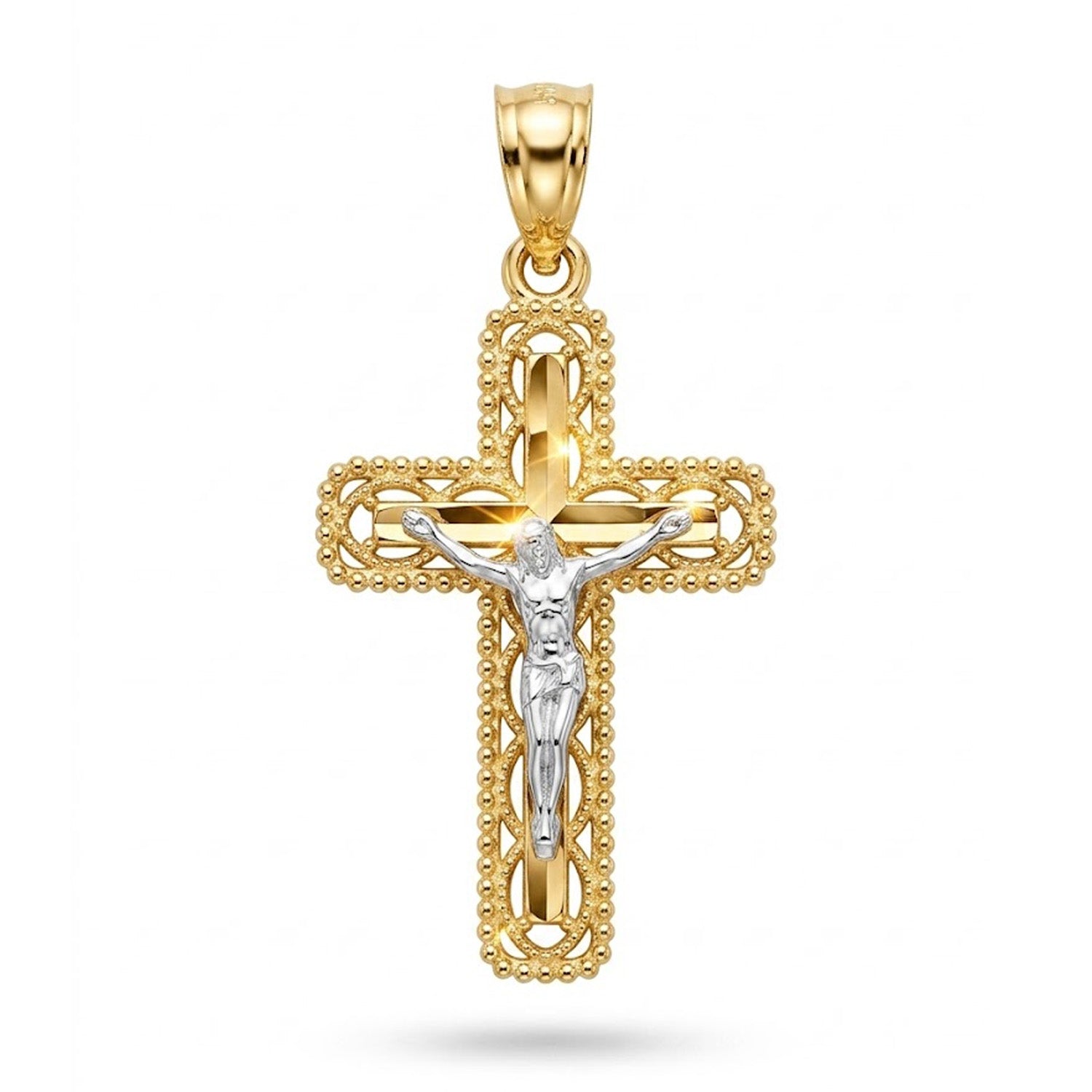 Gold Crucifix Pendant featuring a detailed Christ on the cross design. 