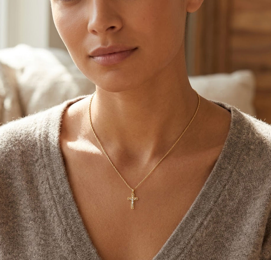 Gold Crucifix Pendant worn by model 