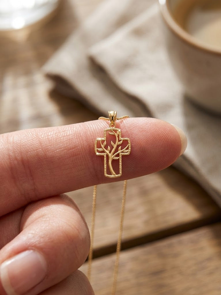 Gold necklace with a tree pendant held between fingers on a wooden surface.
