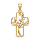 Gold cross pendant with tree design on a white background