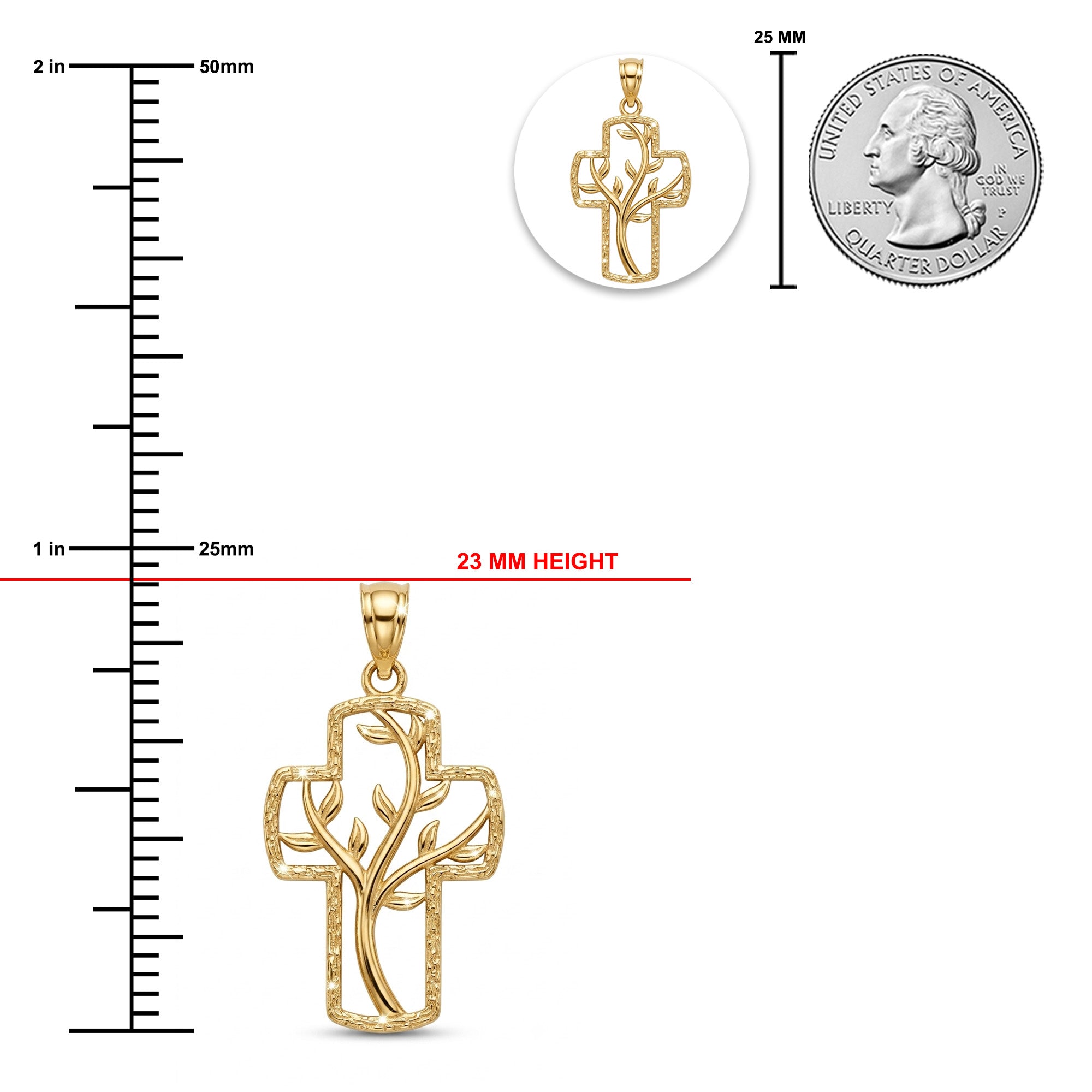 Gold cross pendant with tree design, shown with a ruler and quarter for scale on a white background.