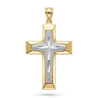 A two-tone cross pendant featuring a polished yellow gold outer frame and bail, with a textured silver cross inlay at the center, shown on a plain white background.