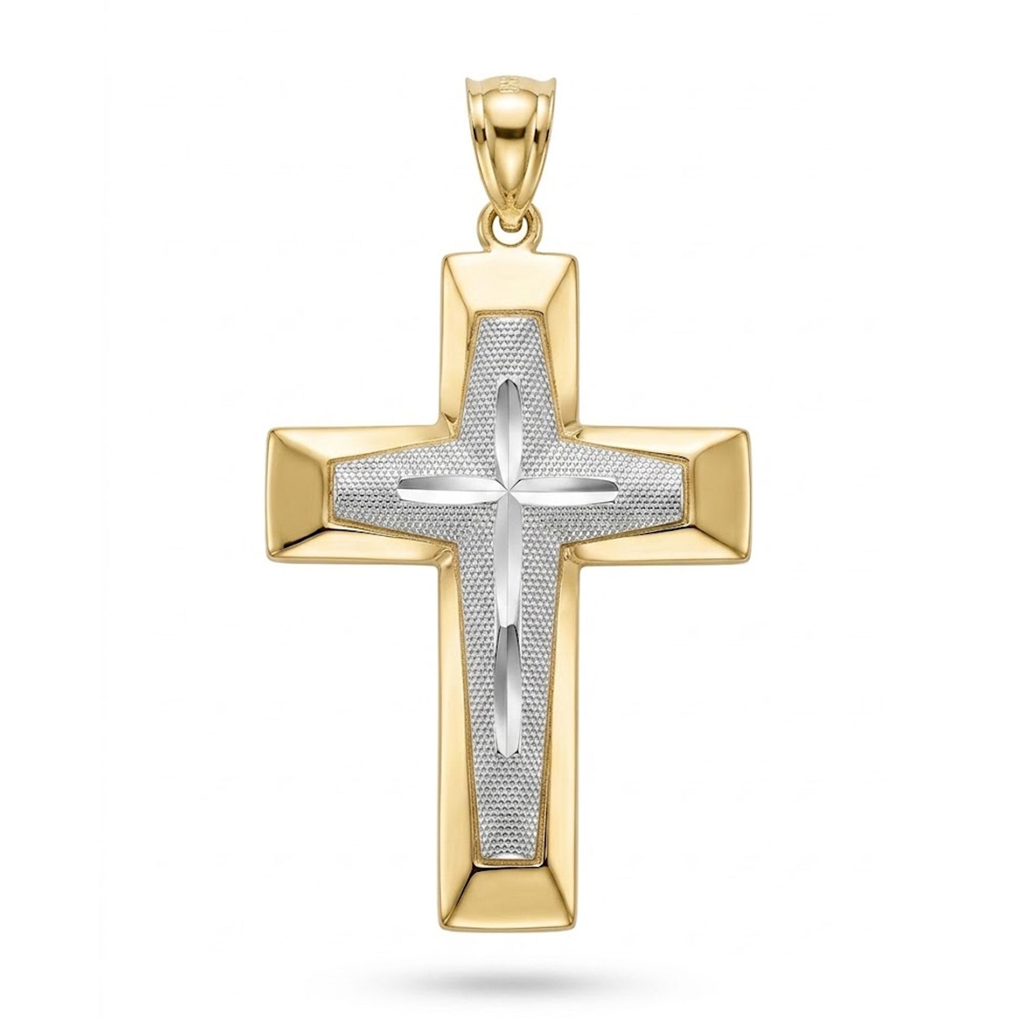 A two-tone cross pendant featuring a polished yellow gold outer frame and bail, with a textured silver cross inlay at the center, shown on a plain white background.