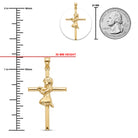 Gold cross pendant with a kneeling child figure, shown with measurement markings indicating 30 mm height, a 25 mm inset, and a U.S.