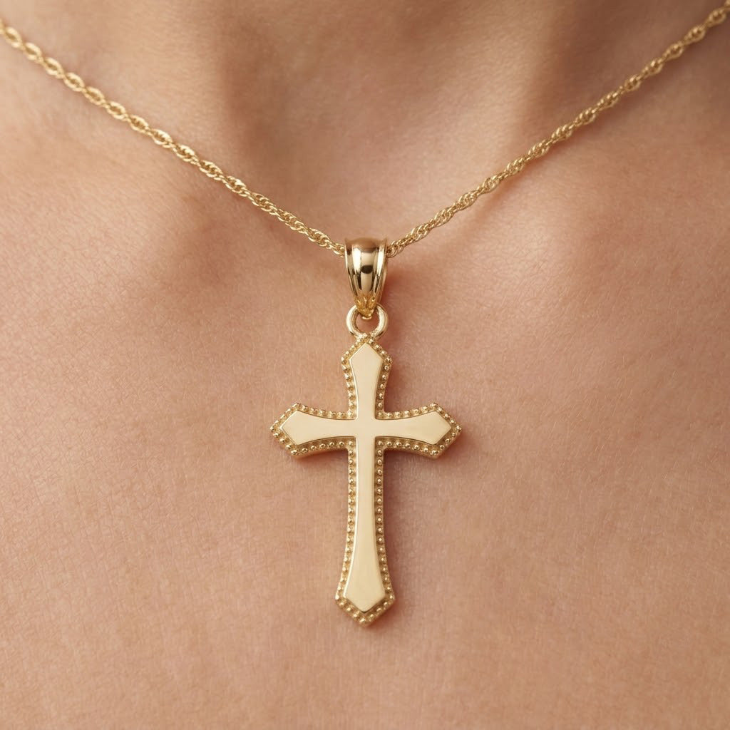 Gold Cross Pendant on gold rope chain 