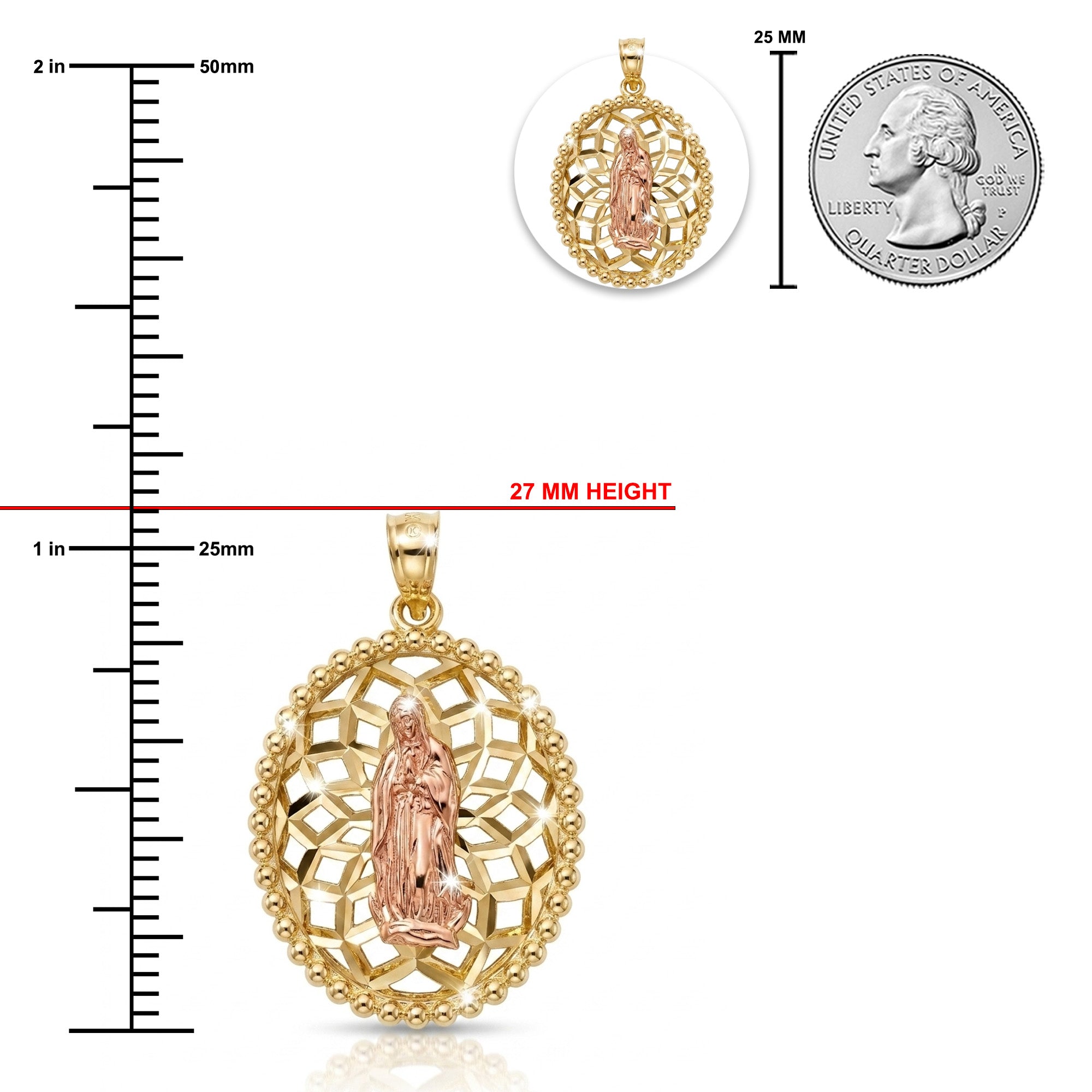 Gold pendant with religious design next to a quarter for scale on a white background