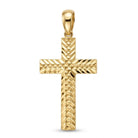 A yellow gold cross pendant with a textured, diamond-cut pattern and a polished bail, shown on a clean white background.
