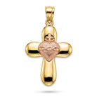 Gold cross pendant with a heart design on a white background