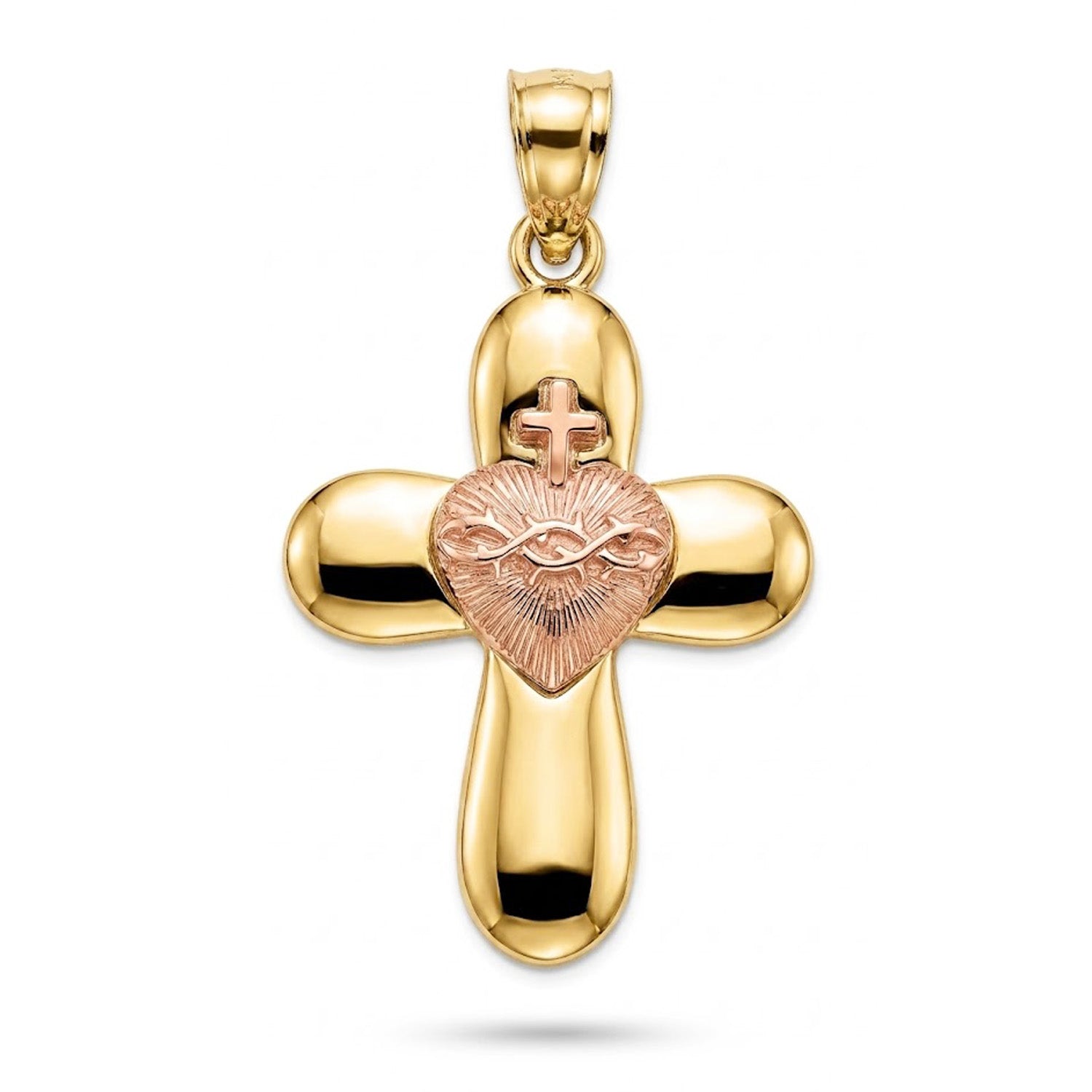 Gold cross pendant with a heart design on a white background