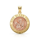 A round gold and rose gold St. Benedict medal pendant on a white background.