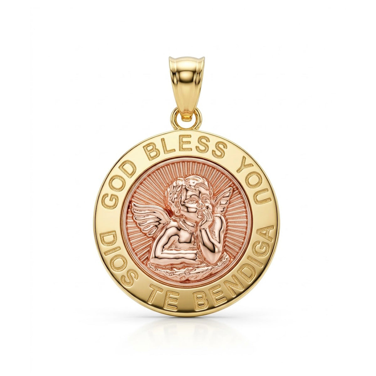 A round gold and rose gold St. Benedict medal pendant on a white background.