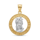 [group: small] A two-tone Saint Christopher pendant in yellow gold and silver, featuring a detailed relief of Saint Christopher carrying the Christ child, with the text 'SAINT CHRISTOPHER PROTECT US' engraved on a textured gold border.