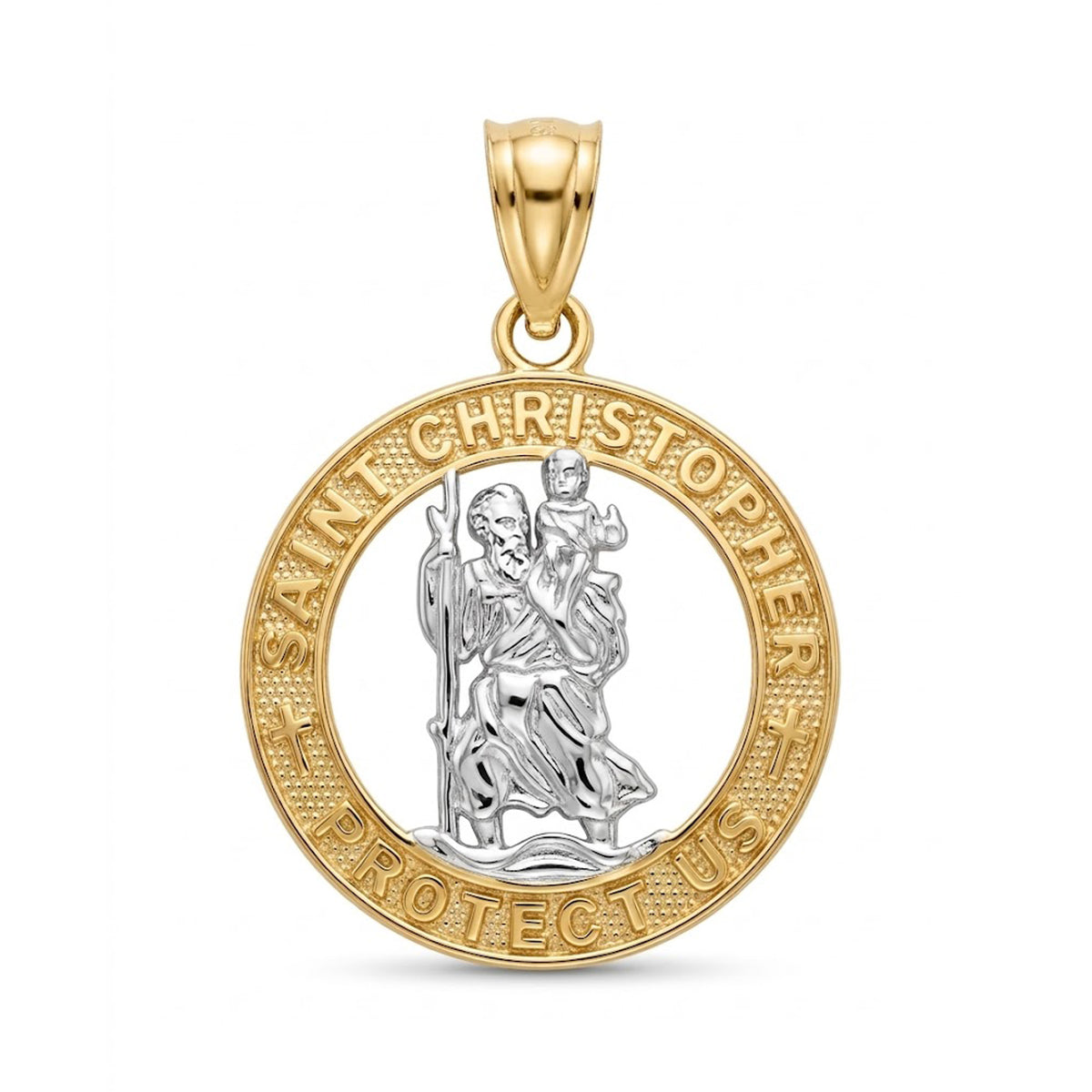 [group: small] A two-tone Saint Christopher pendant in yellow gold and silver, featuring a detailed relief of Saint Christopher carrying the Christ child, with the text 'SAINT CHRISTOPHER PROTECT US' engraved on a textured gold border.