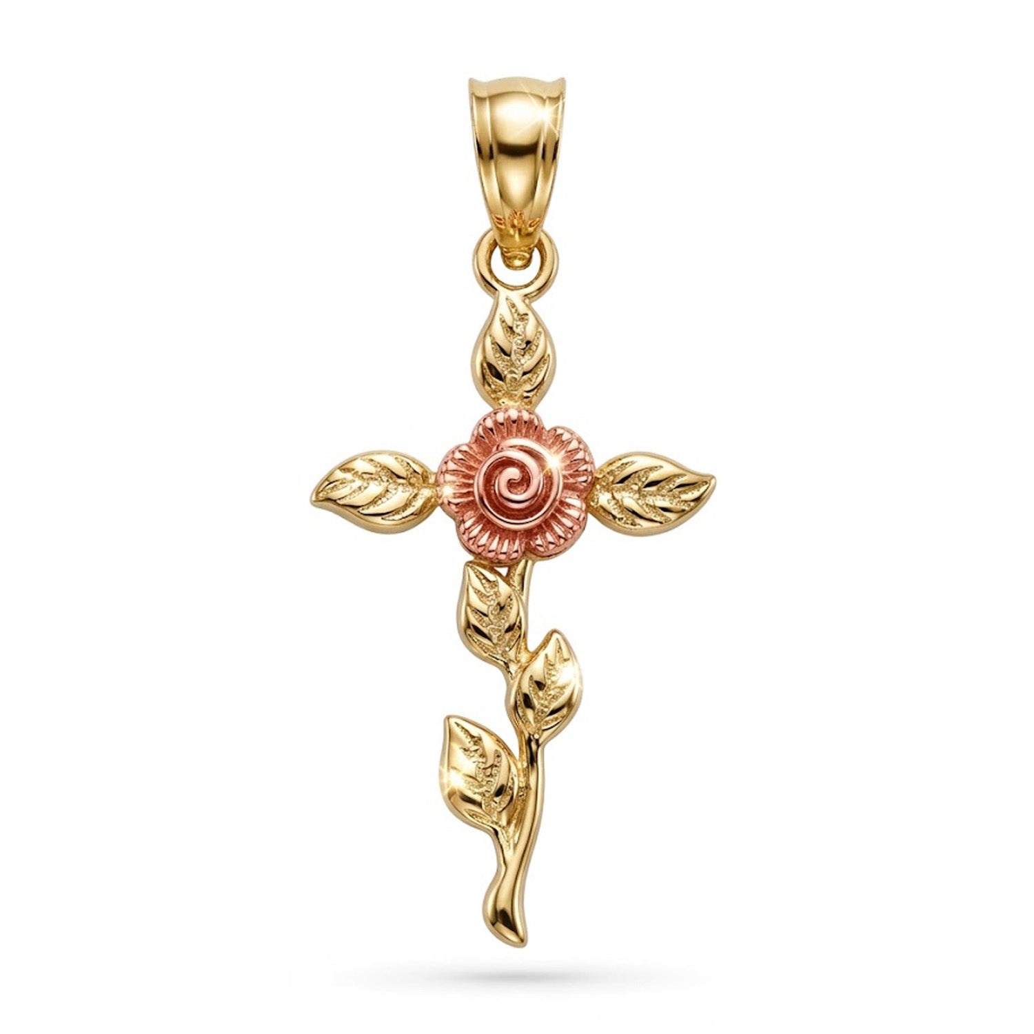 Gold and rose gold pendant with floral design on a white background